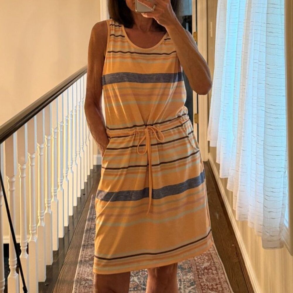 Casual Striped Drawstring Waist Tank Dress Pockets M